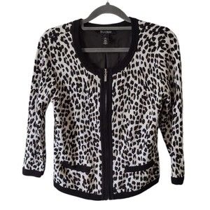 White House Black Market Leopard Zip Sweater Womens XS 3/4 Sleeve Animal Print